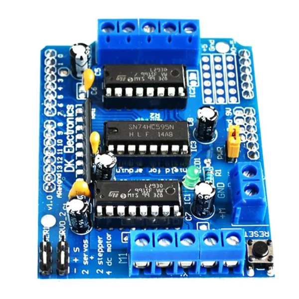 4 channel arduino L293D Motor Drive Shield Dual, Motor Drive Expansion Board Motor Control Shield at best price online in islamabad rawalpindi lahore peshawar faisalabad karachi hyderabad quetta wah taxila Pakistan