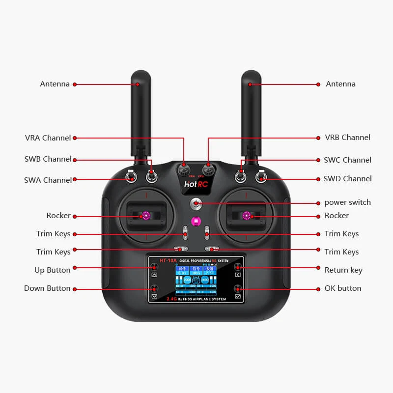 Hotrc HT-10A 2.4GHz 10 Channels RC Transmitter and Receiver FHSS & 8CH Receiver for FPV Drone RC Airplane Aircraft Boat Car Helicopter at best price online in islamabad rawalpindi lahore peshawar faisalabad karachi hyderabad quetta wah taxila Pakistan