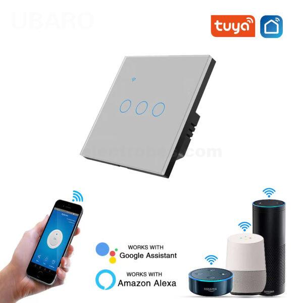 3-Gang Smart Home WiFi Switch Mobile APP Controlled Wall Mount Touch Switch EU Type 100-240V With tempered glass in black white gold color at best price online in islamabad rawalpindi lahore peshawar faisalabad karachi hyderabad quetta wah taxila Pakistan