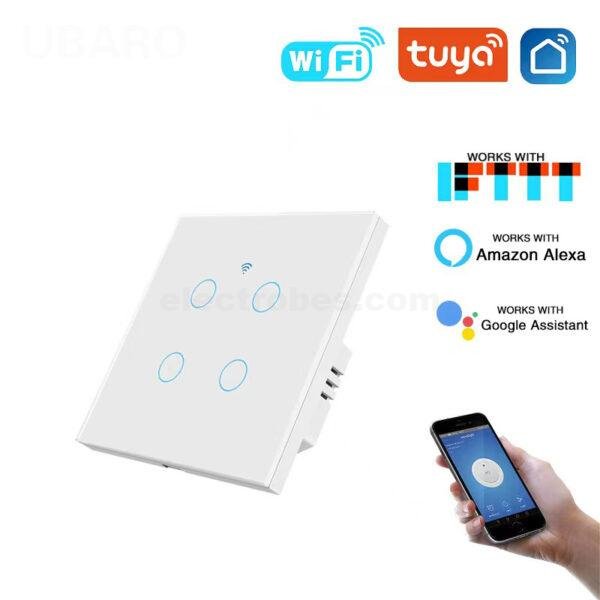 4-Gang Smart Home WiFi Switch Mobile APP Controlled Wall Mount Touch Switch EU Type 100-240V With tempered glass in black white gold color at best price online in islamabad rawalpindi lahore peshawar faisalabad karachi hyderabad quetta wah taxila Pakistan