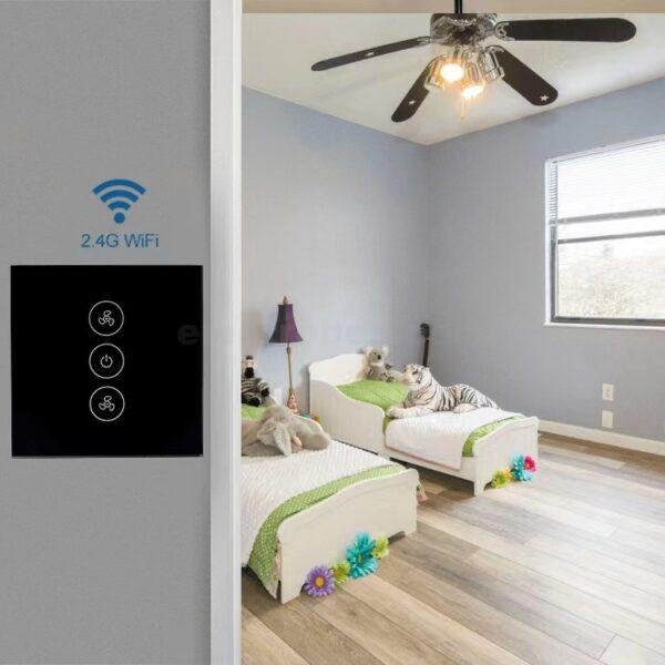 Smart Home Fan Dimmer Switch WiFi Dimmer Mobile APP Controlled Wall Mount Touch Switch EU Type 100-240V With tempered glass in black white gold color at best price online in islamabad rawalpindi lahore peshawar faisalabad karachi hyderabad quetta wah taxila Pakistan