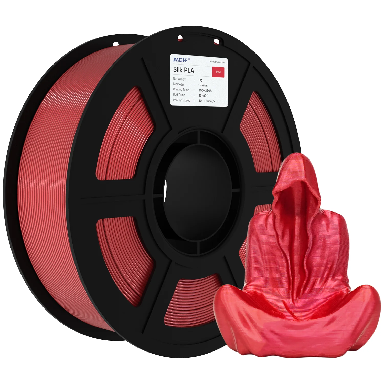 Red filament spool (PLA) on a black reel with a pair of red gloves in the foreground, showcasing 3D printing material.