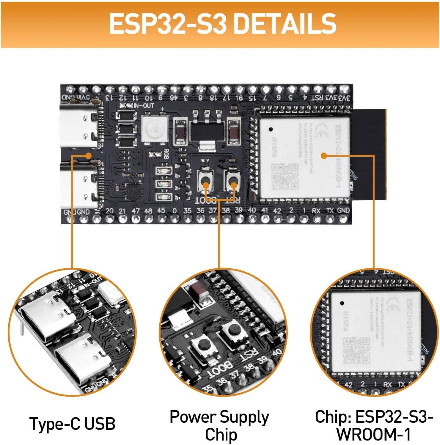 ESP32-S3-DevKitC-1-N8R2 Development Board ESP32 S3 WiFi + Bluetooth MCU Module, Dual Type-C ESP32-S3-WROOM-1 Cores Microcontroller Processor Integrates Complete Wi-Fi and BLE Functions at best price online in islamabad rawalpindi lahore peshawar faisalabad karachi hyderabad quetta wah taxila Pakistan