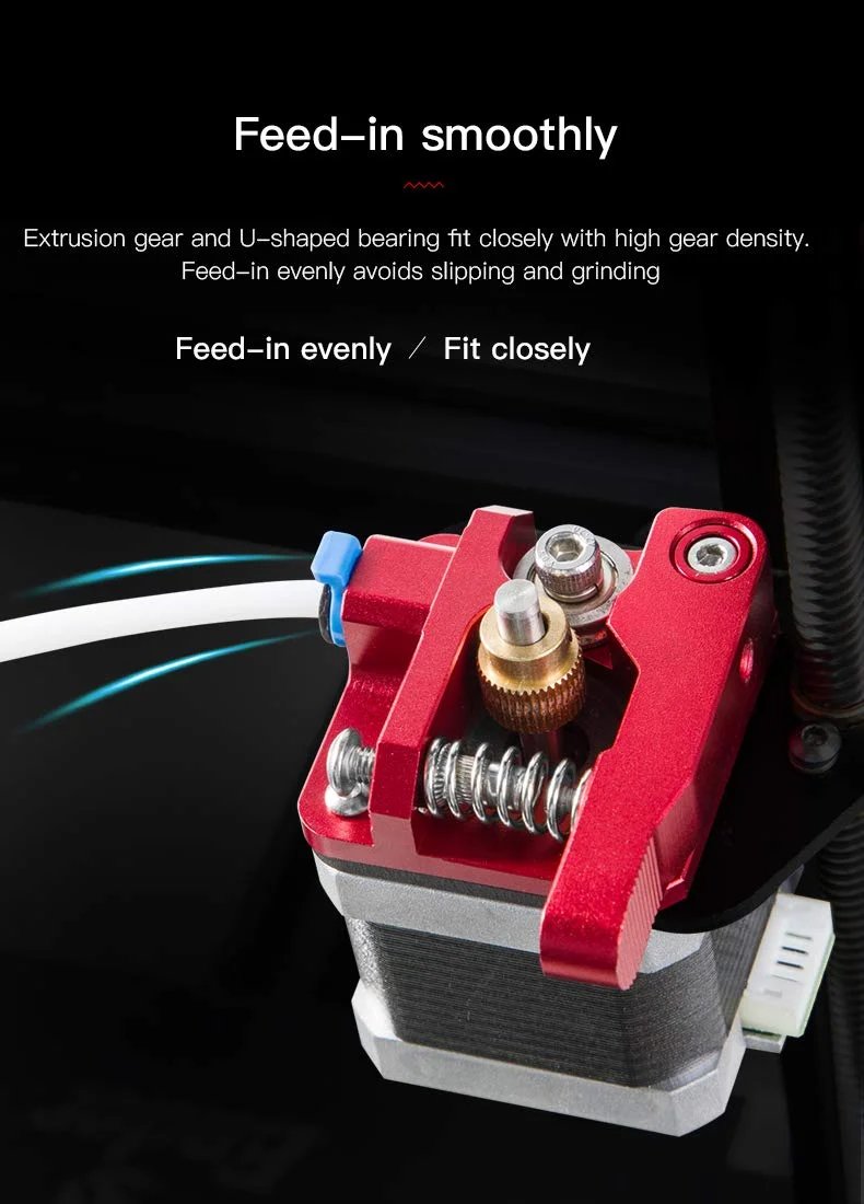 Close-up of a red 3D printer extruder gear assembly with a spring and brass adjustment knob on a dark background, highlighting the feed mechanism.