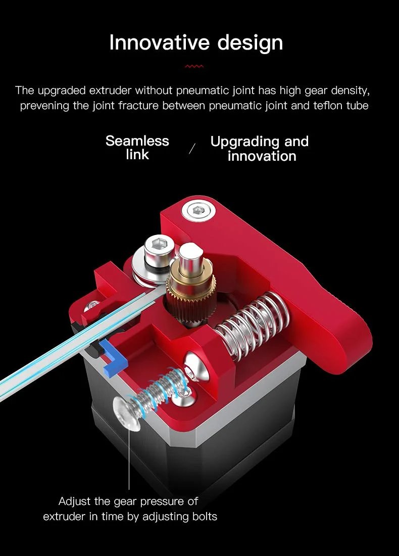 Cross-sectional view of a red 3D printer extruder showing gears, a spring, and an adjustable bolt for gear pressure.